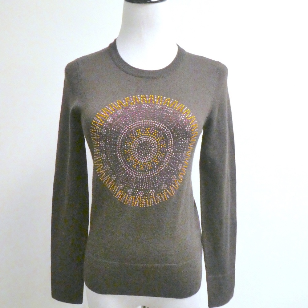 TORY BURCH SWAROVSKI CRYSTAL SUNBURST brown gold purple crewneck wool SWEATER XS